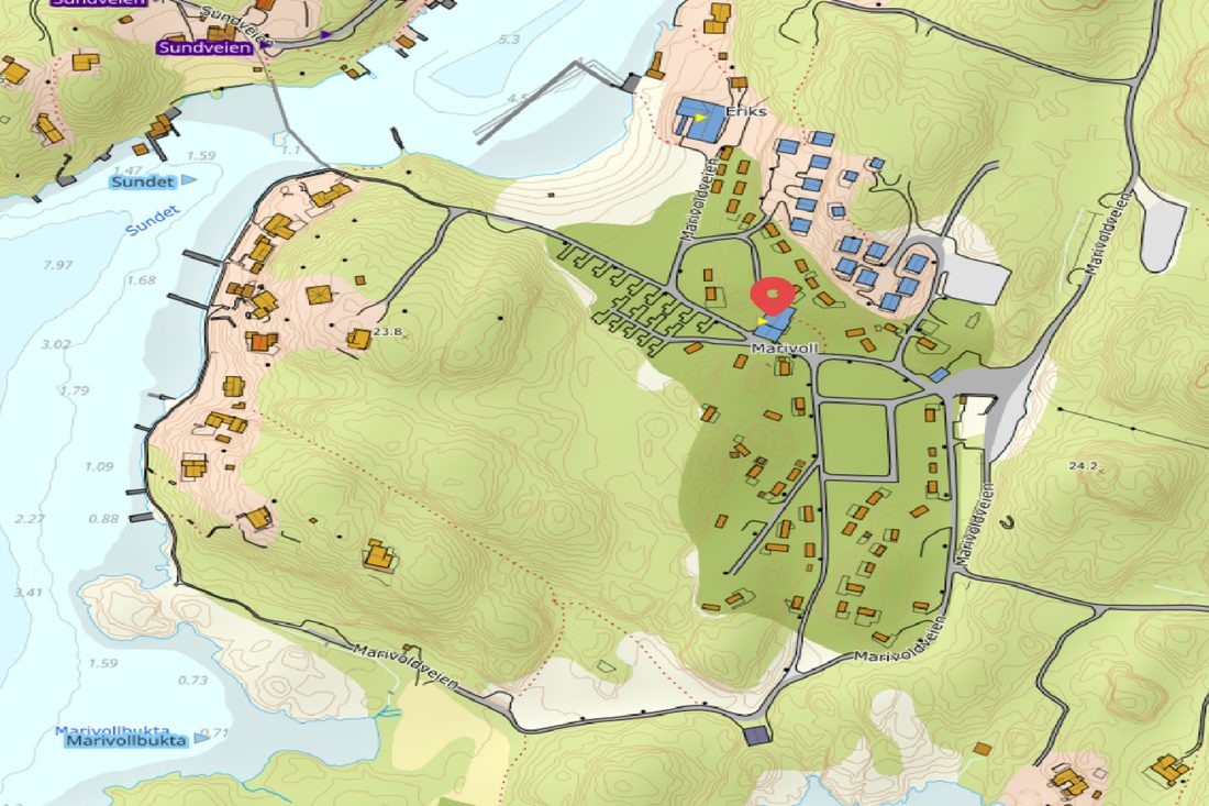Kart over Marivold Camping ved Osterkilen i Grimstad.